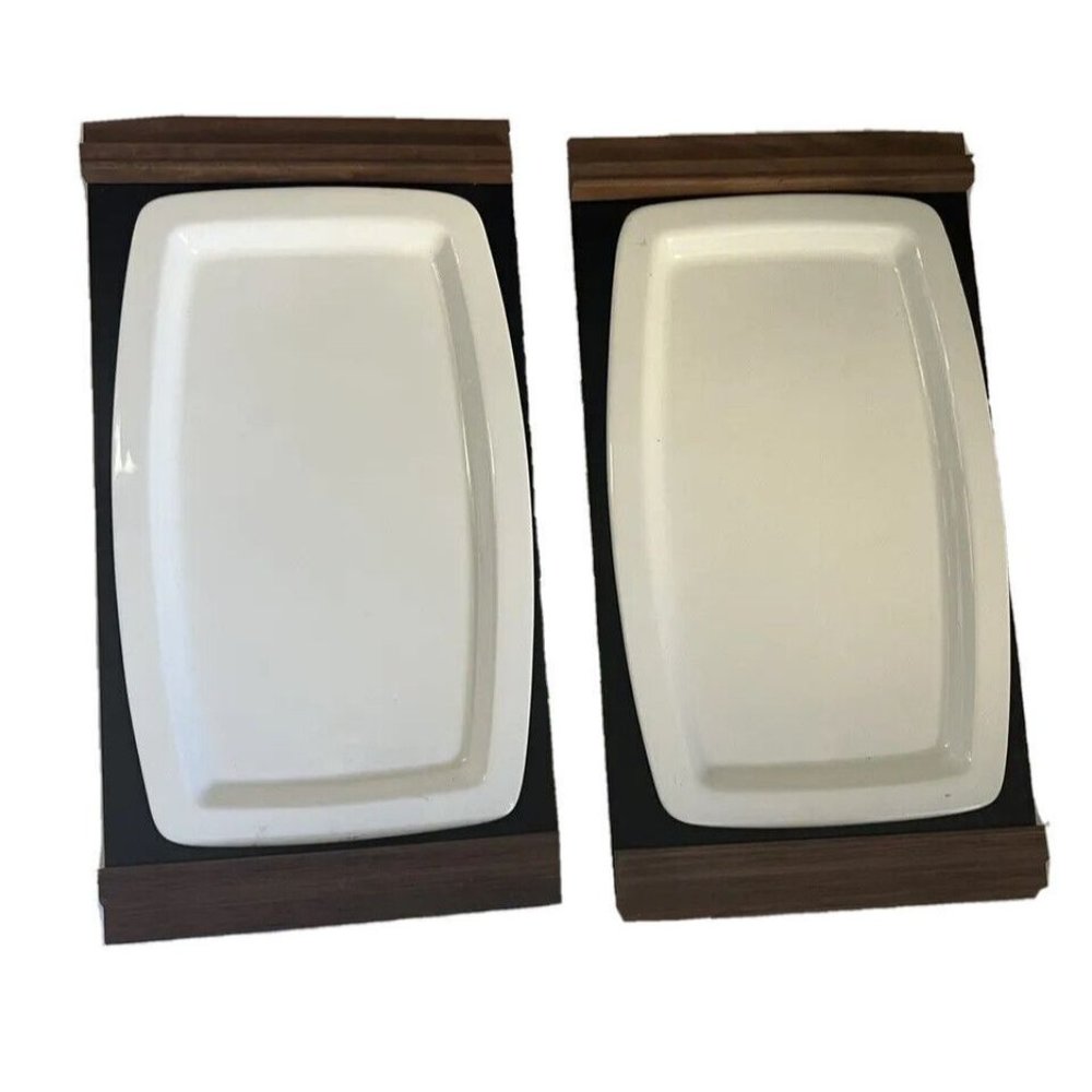 Cutco Mid Century Modern White China Serving Dish Metal Tray Set 2